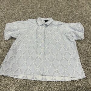 Ali Miles Tunic plus Blue White texture Button Up 1X lagenlook Pinstripe